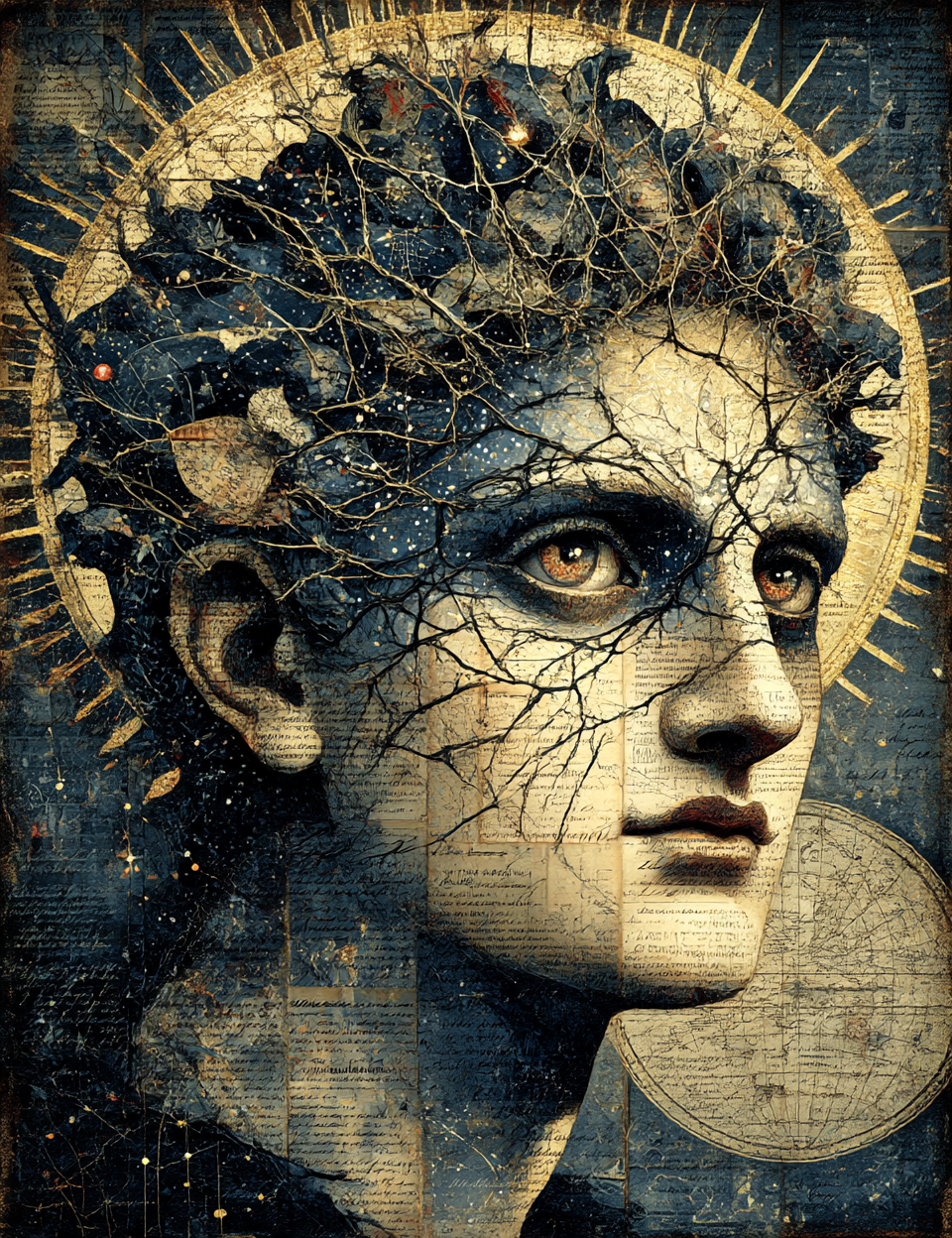 Artistic depiction of a classical-style face with nature elements and celestial symbols.
