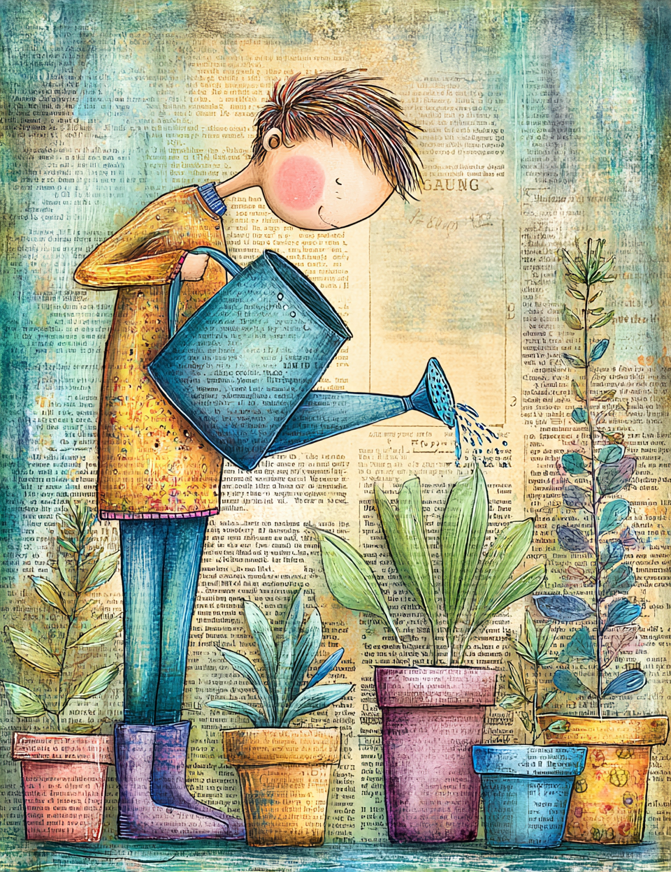 Illustration of a person watering plants with a watering can on a textured background