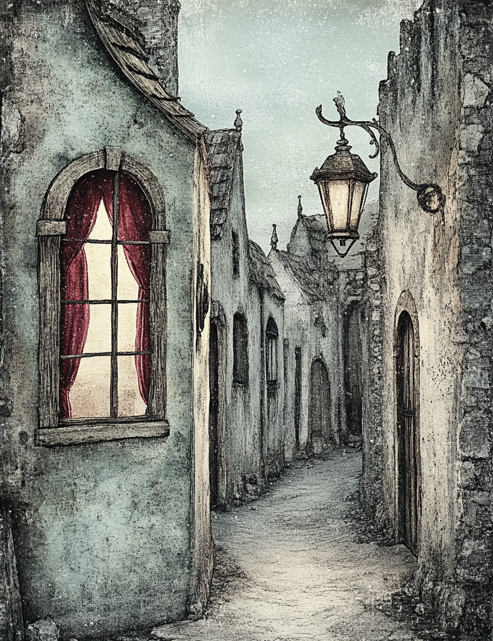 Artistic depiction of a narrow street with old buildings and a lit lantern.