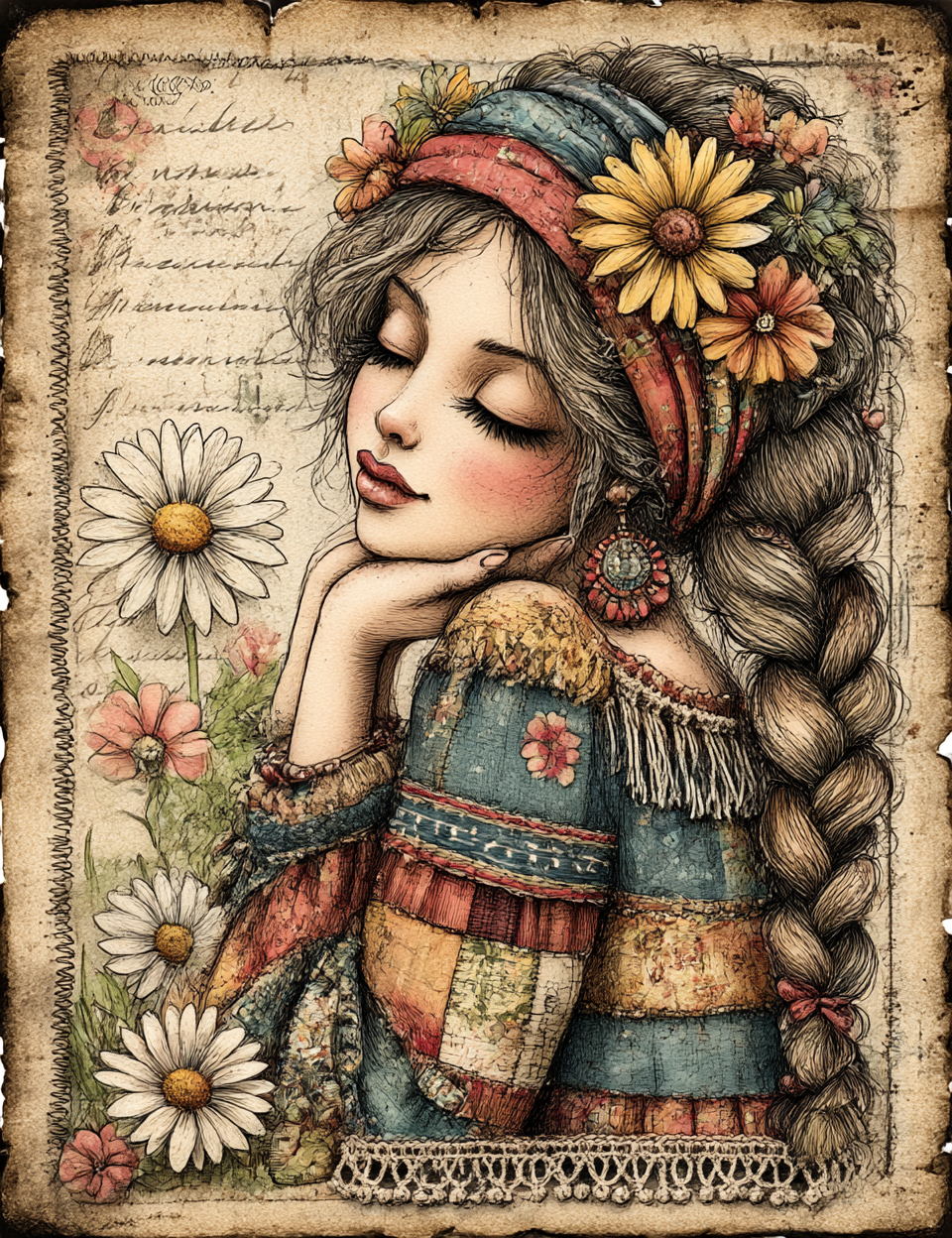 Illustration of a woman with flowers in her hair and clothing, surrounded by floral elements on a textured background.