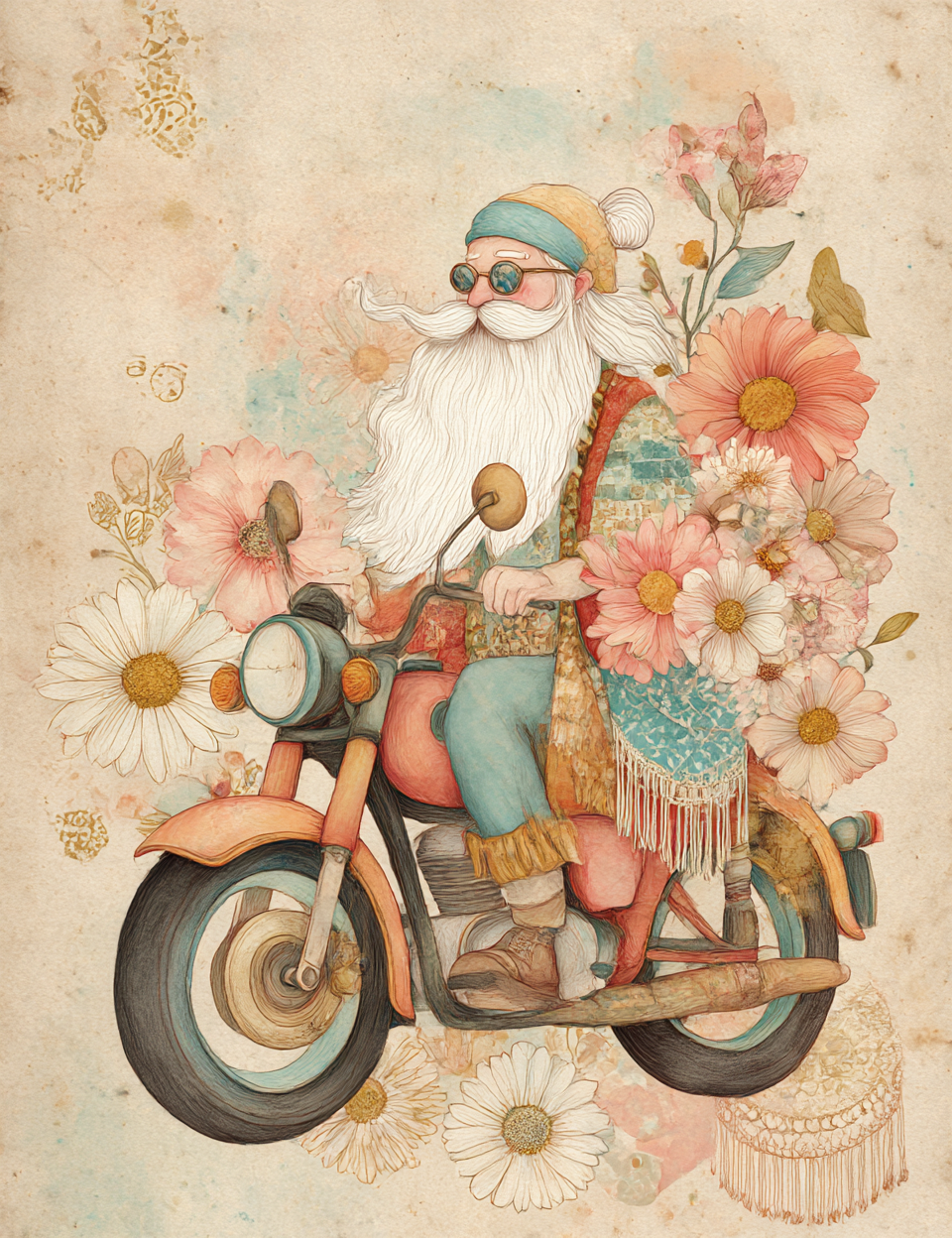 Illustration of a person with a long beard riding a motorcycle surrounded by flowers on a textured background.
