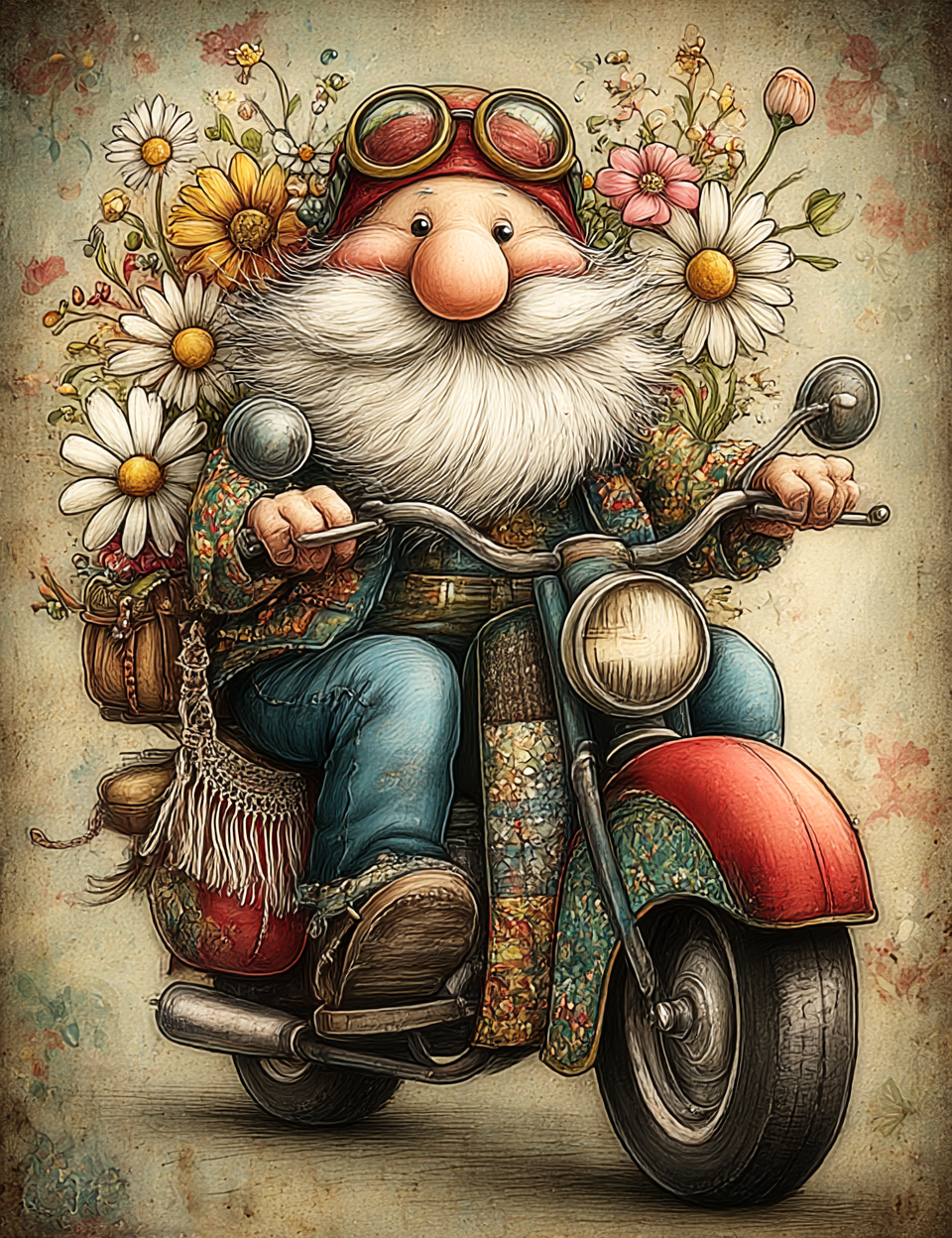 Illustration of a gnome riding a scooter with flowers and vintage elements.