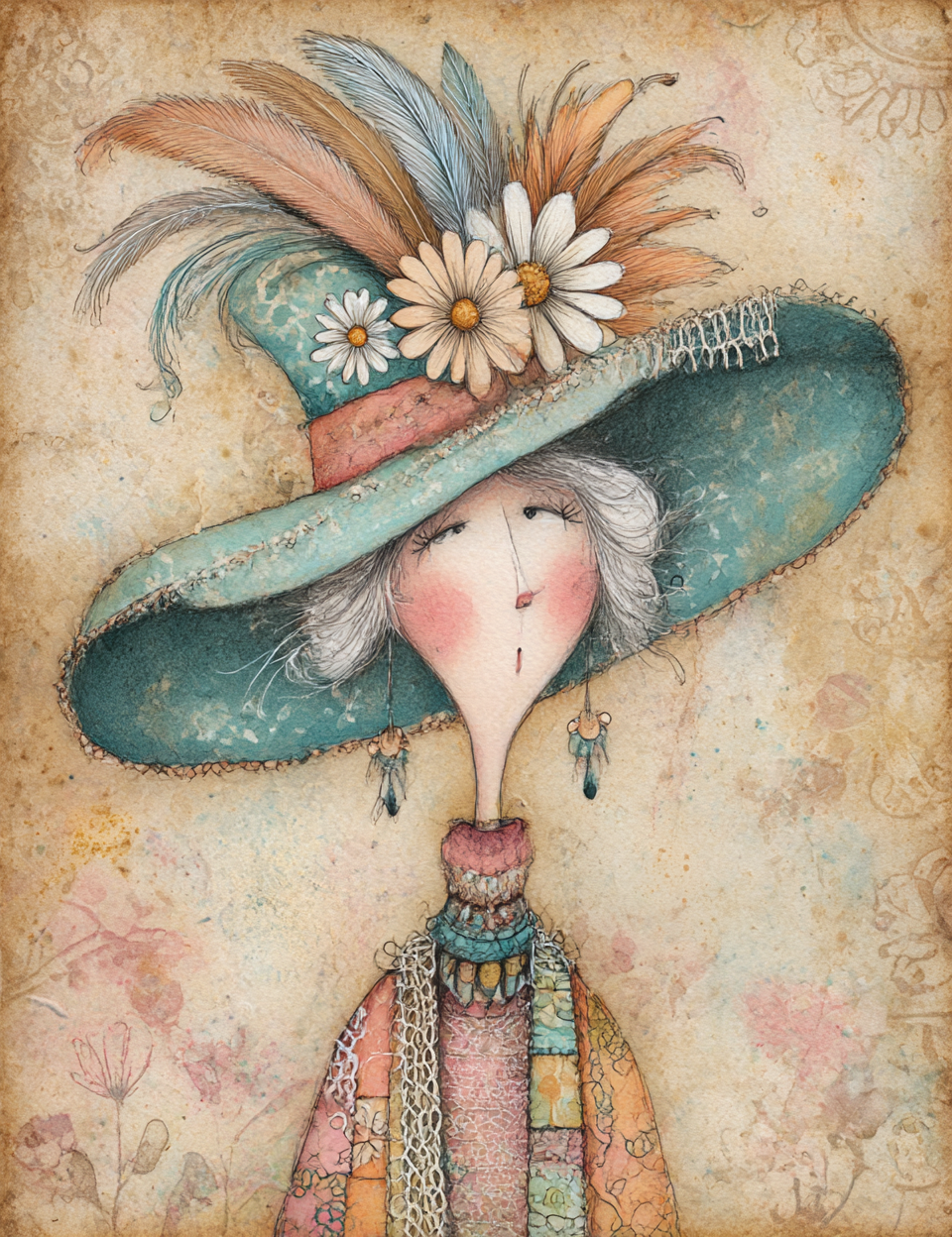 Illustration of a character with a large, decorative hat featuring flowers and feathers on a textured background.