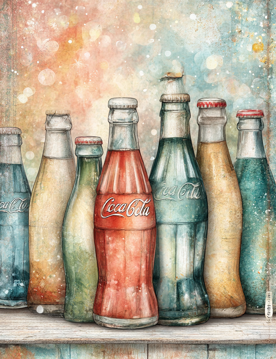 Colorful Coca-Cola bottles on a wooden surface with a bokeh background