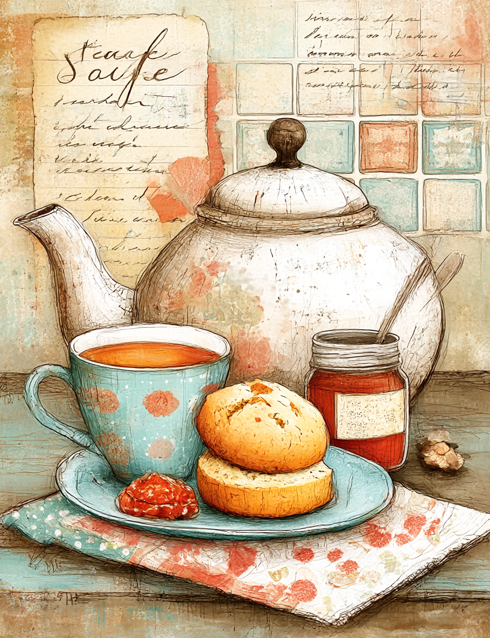 Illustration of a tea set with a teapot, cup, and biscuits on a wooden surface.