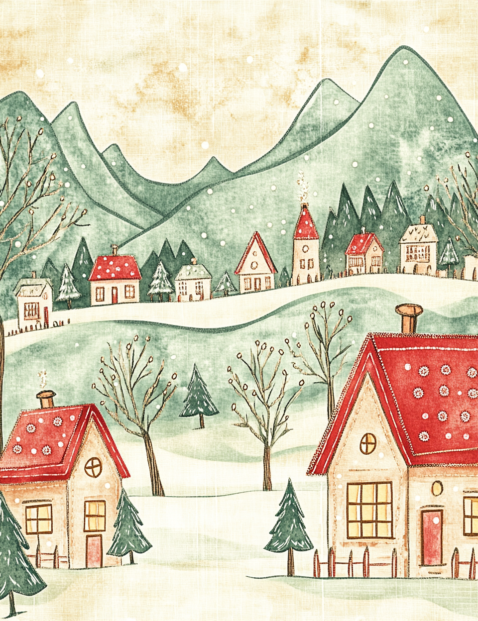 Winter village scene with houses, trees, and mountains on a textured background