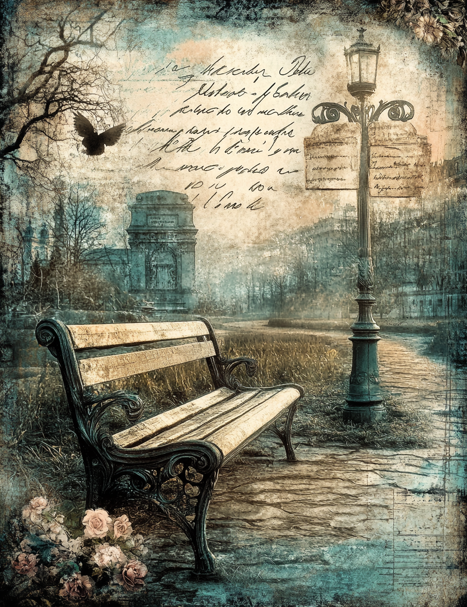 Vintage-style park scene with bench, lamp post, and butterfly