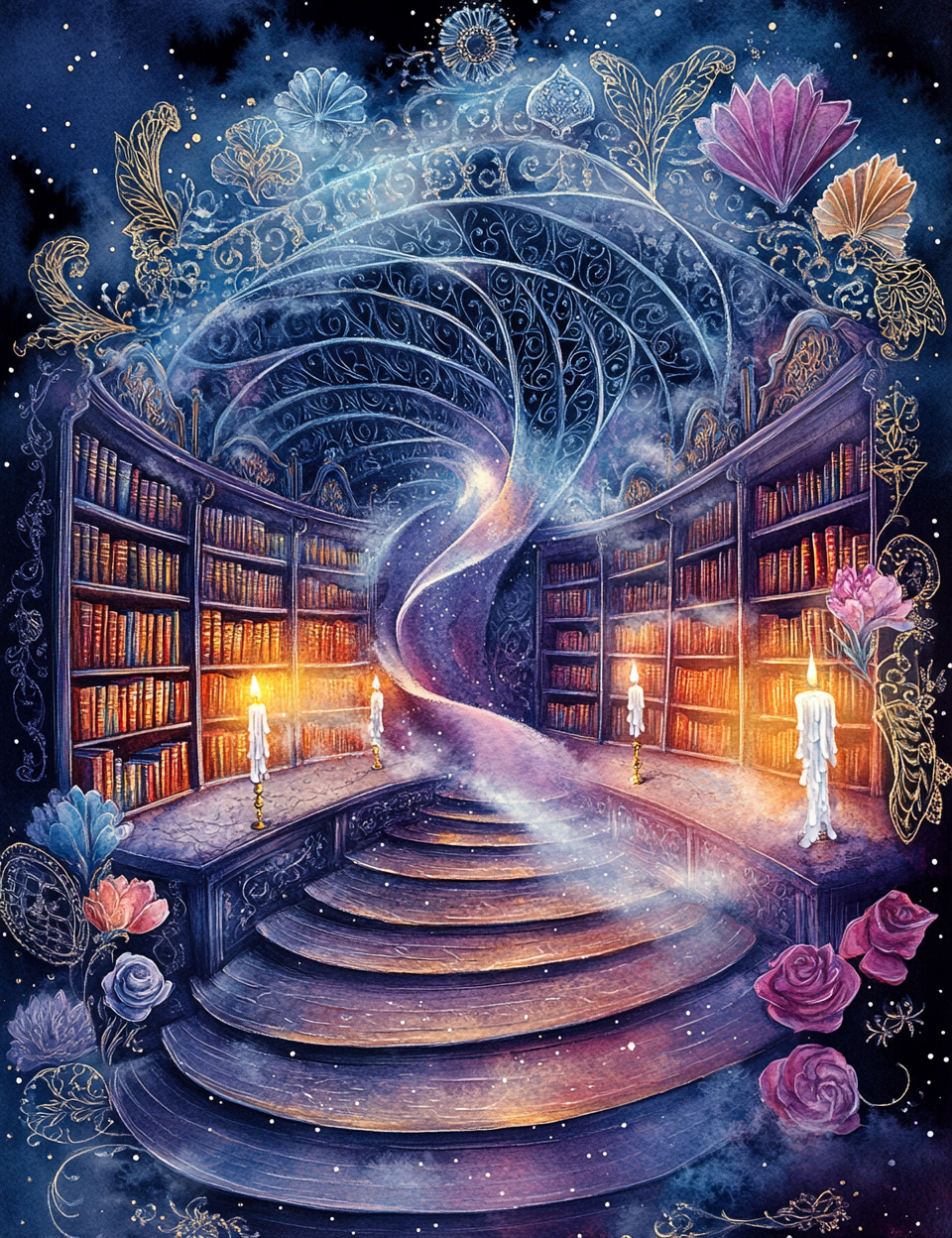 Fantasy library with a spiral staircase and decorative elements