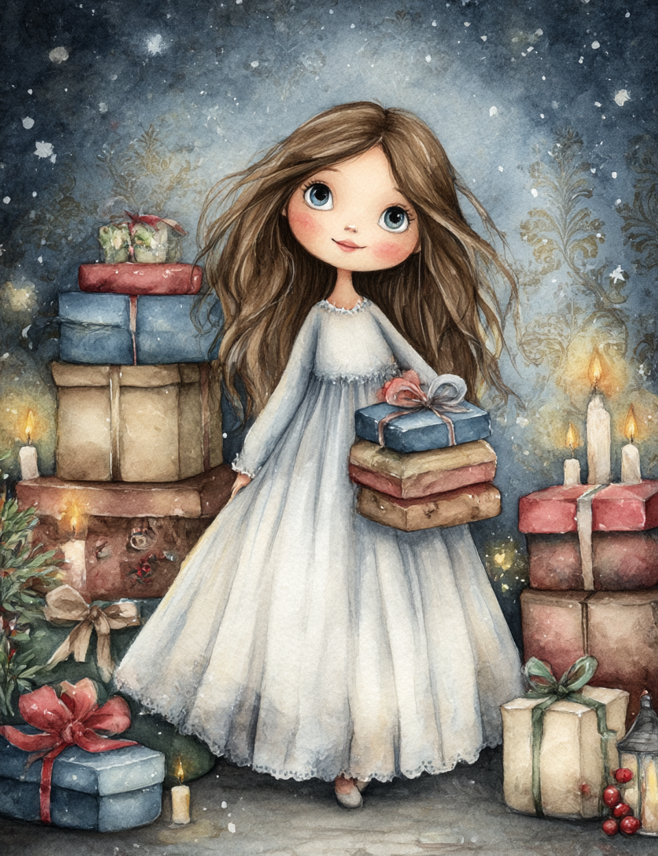 Illustration of a girl in a white dress surrounded by Christmas presents and candles.
