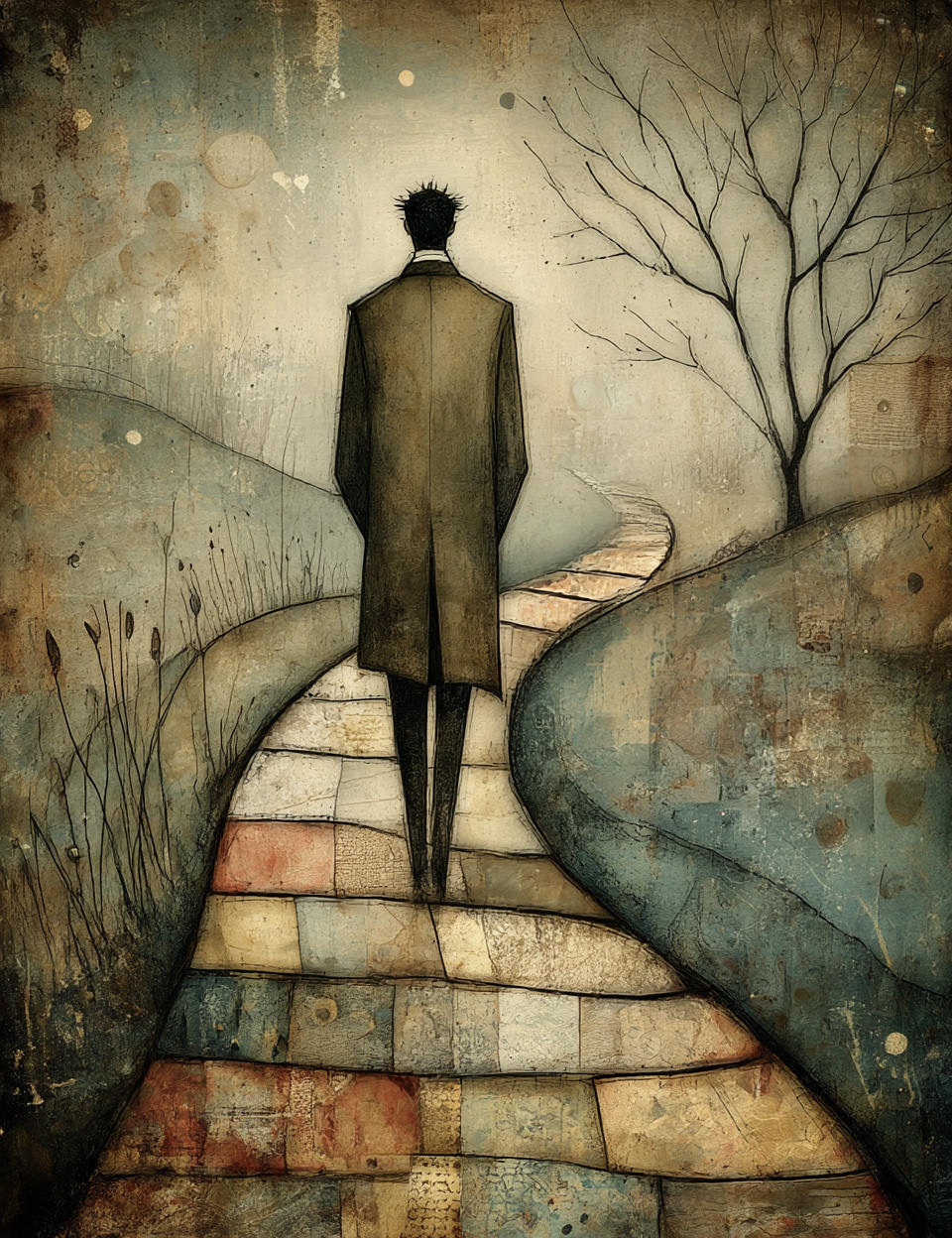 Man in a coat walking on a textured path with abstract art style