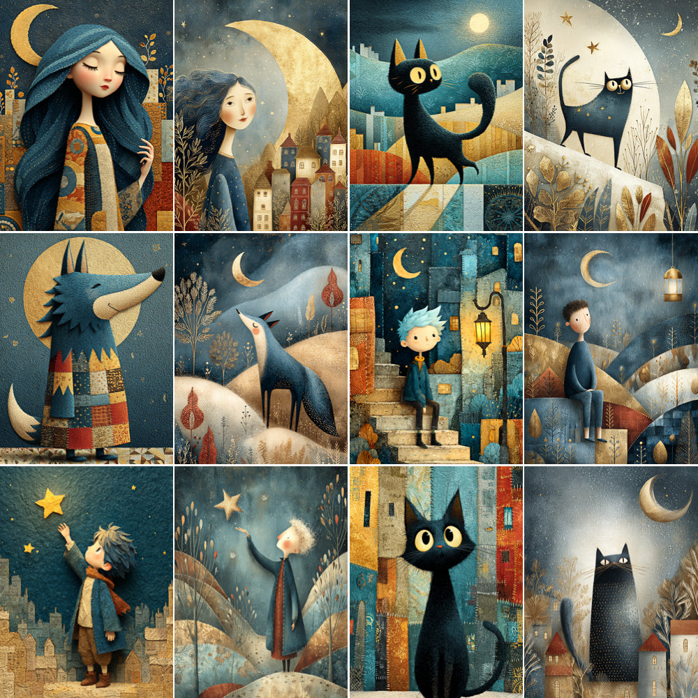 Collage of various illustrated scenes featuring a woman, black cat, wolf, and other characters against a night sky.