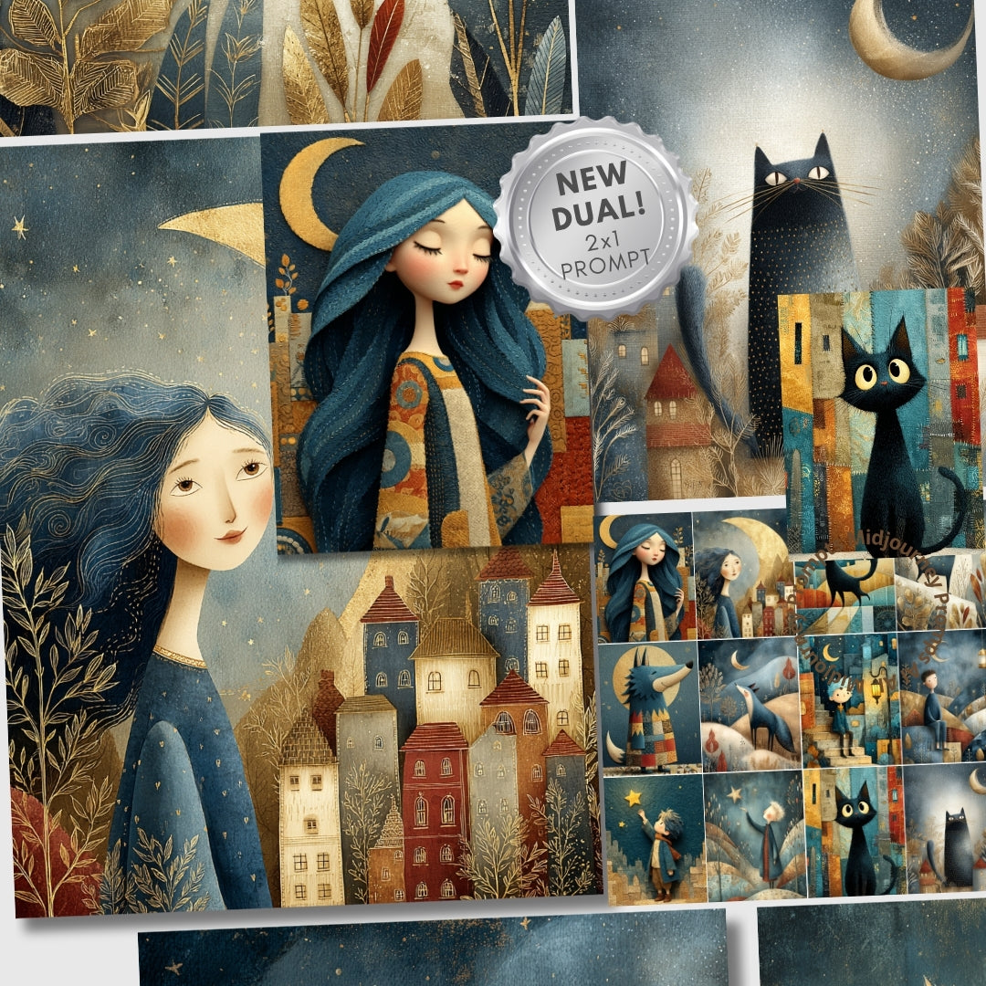 Collage of artistic illustrations featuring a woman, black cat, and cityscape with decorative elements.