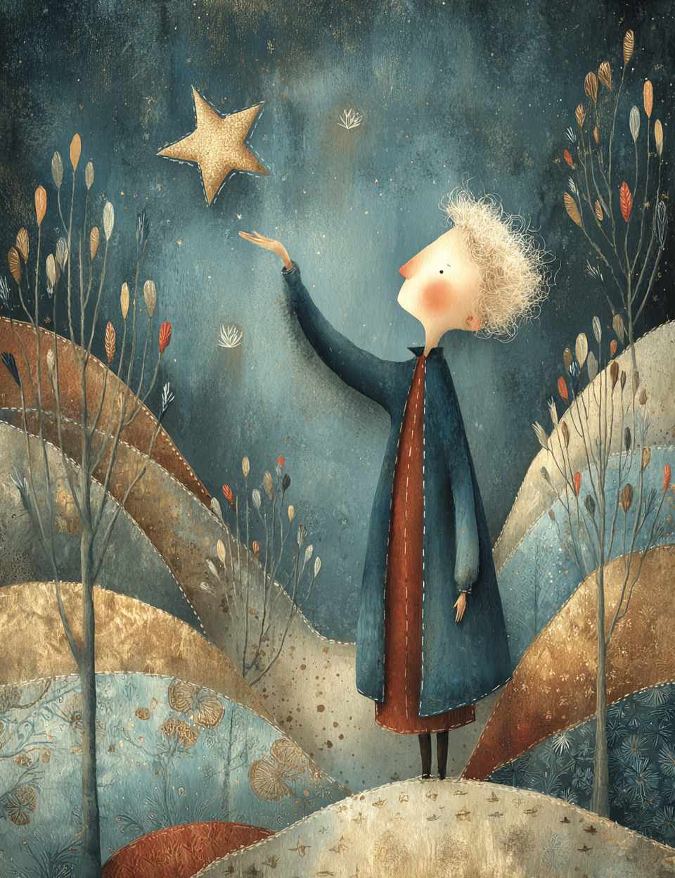 Illustration of a child reaching out to touch a star in a whimsical landscape.