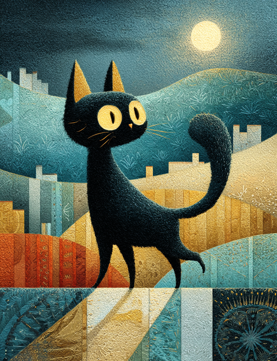 Illustration of a black cat with yellow eyes against a cityscape at night.