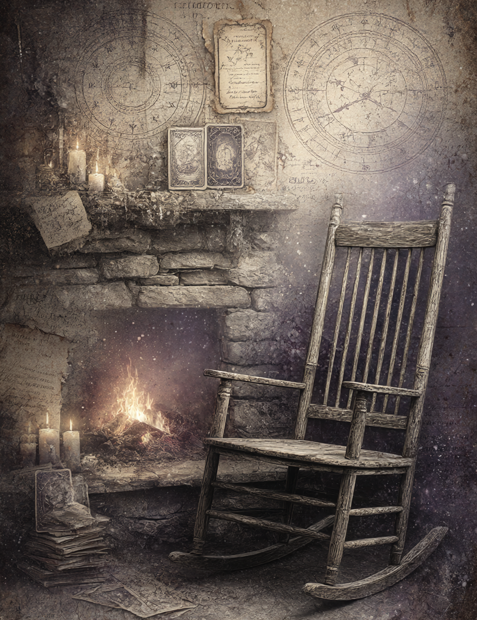 Vintage-style room with a rocking chair, fireplace, and celestial chart.