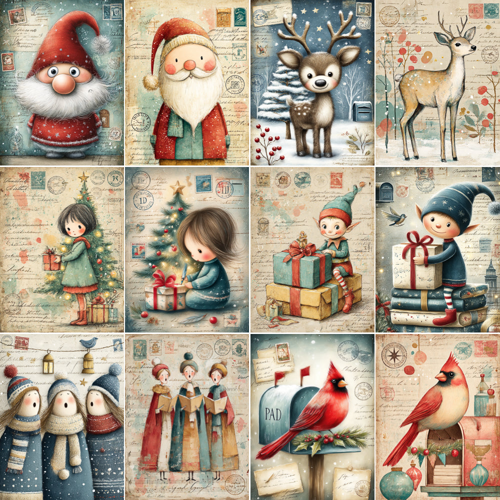 Collection of Christmas-themed illustrations featuring Santa, reindeer, children, and animals on a textured background.