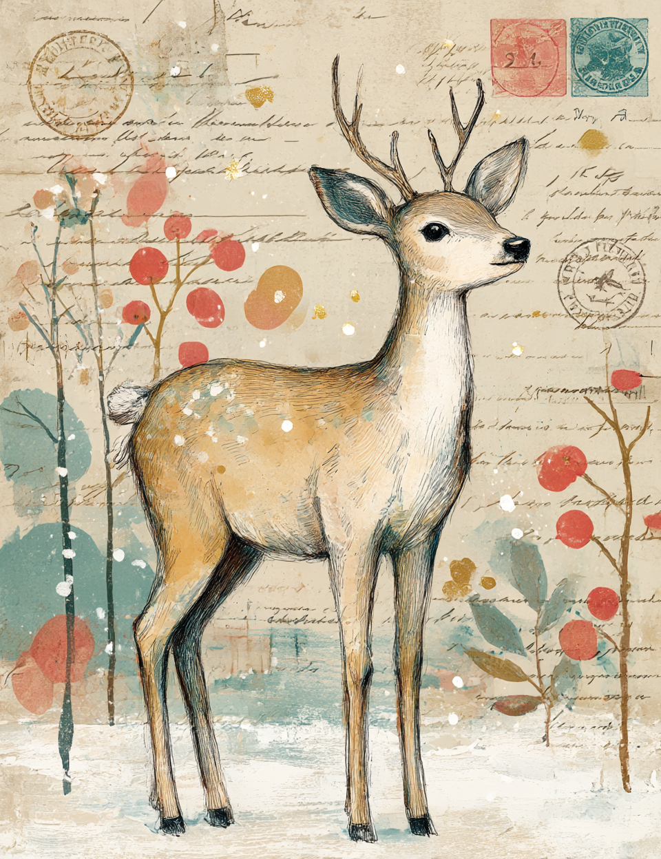 Illustration of a deer standing on a textured background with floral elements