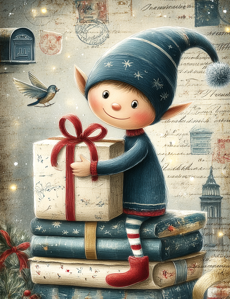 Elf character holding a gift with a vintage letter background