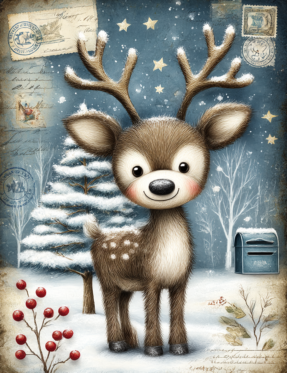 Illustration of a deer in a snowy scene with vintage elements.