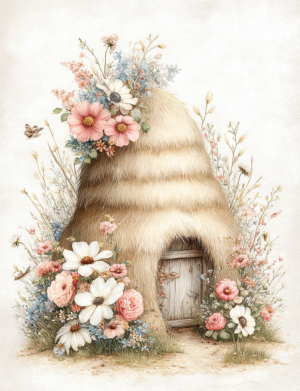 Illustration of a beehive surrounded by flowers and plants on a light background