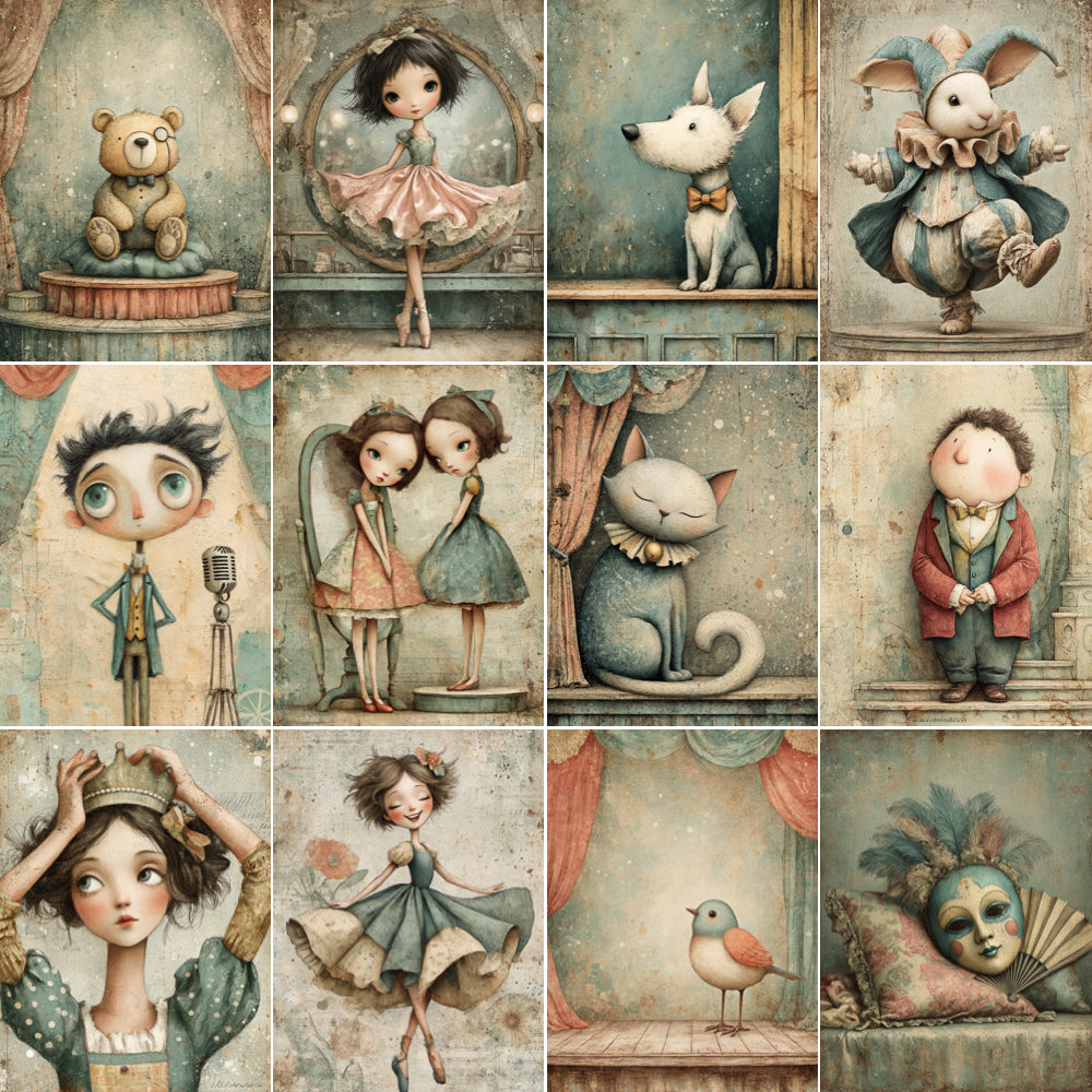 Collage of stylized illustrations featuring various characters in a vintage setting.
