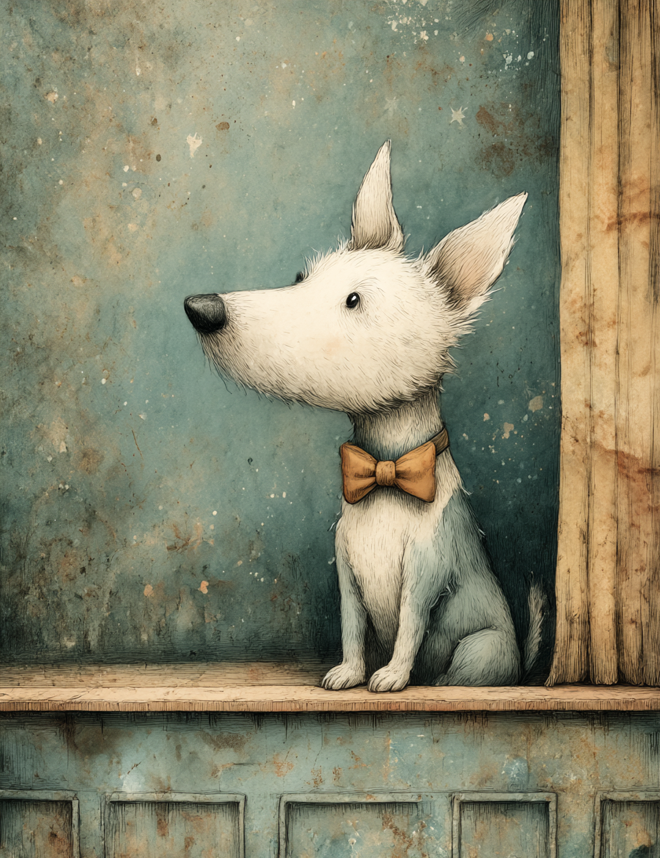 White dog with a bow tie sitting on a shelf against a textured wall.