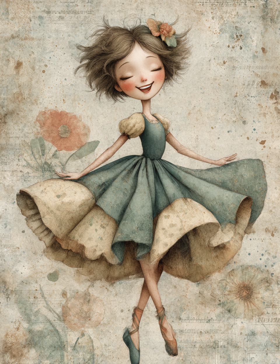 Illustration of a girl in a green dress with floral elements on a textured background