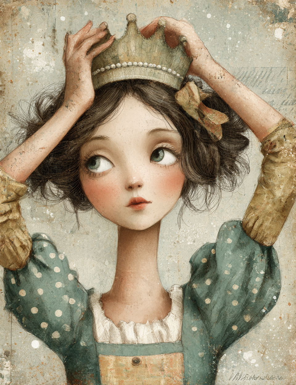 Illustration of a young girl wearing a crown with a soft, textured background