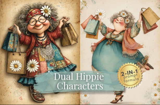 Two illustrated characters with shopping bags on a floral background, labeled 'Dual Hippie Characters'.