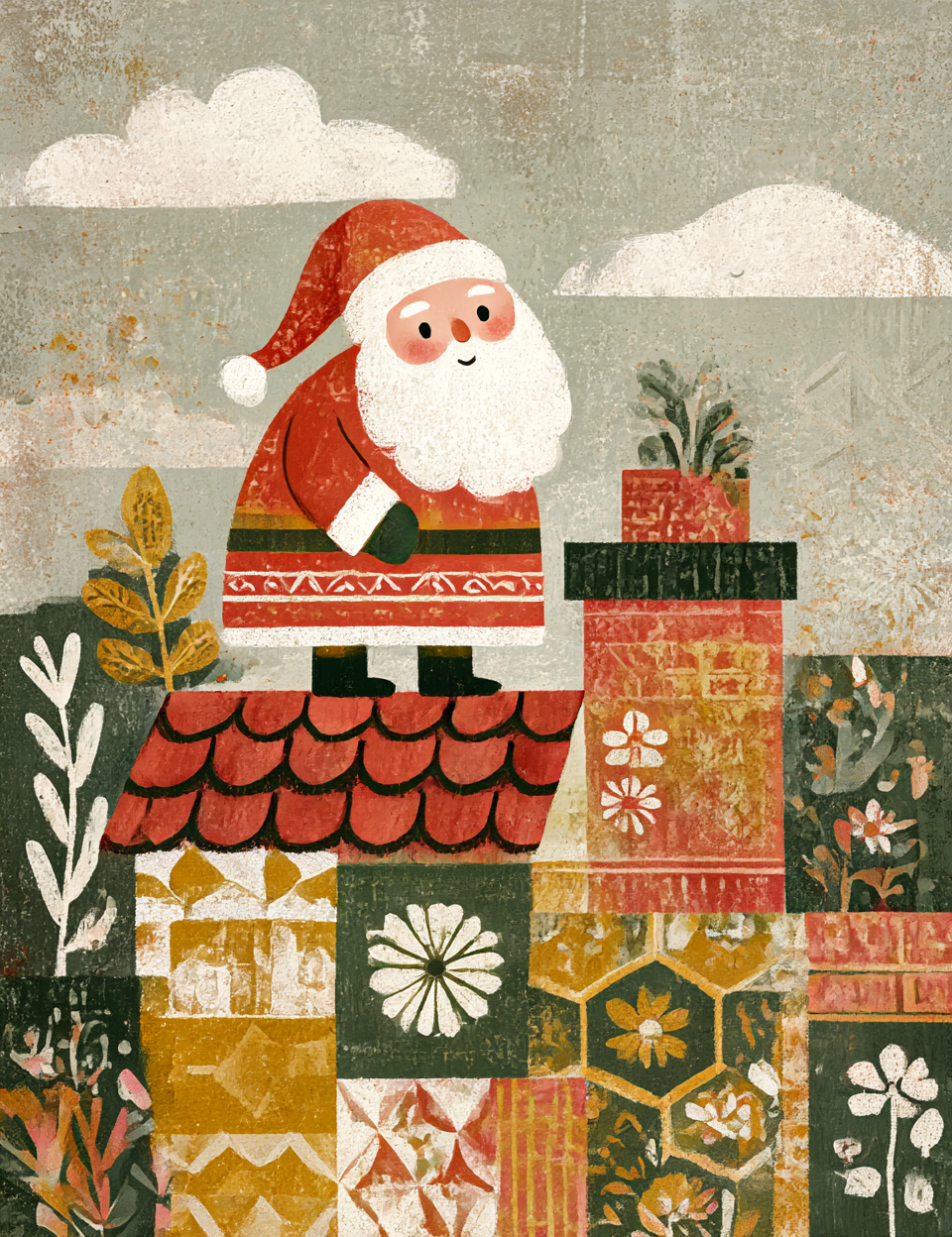 Illustration of Santa Claus on a patchwork roof with a textured background