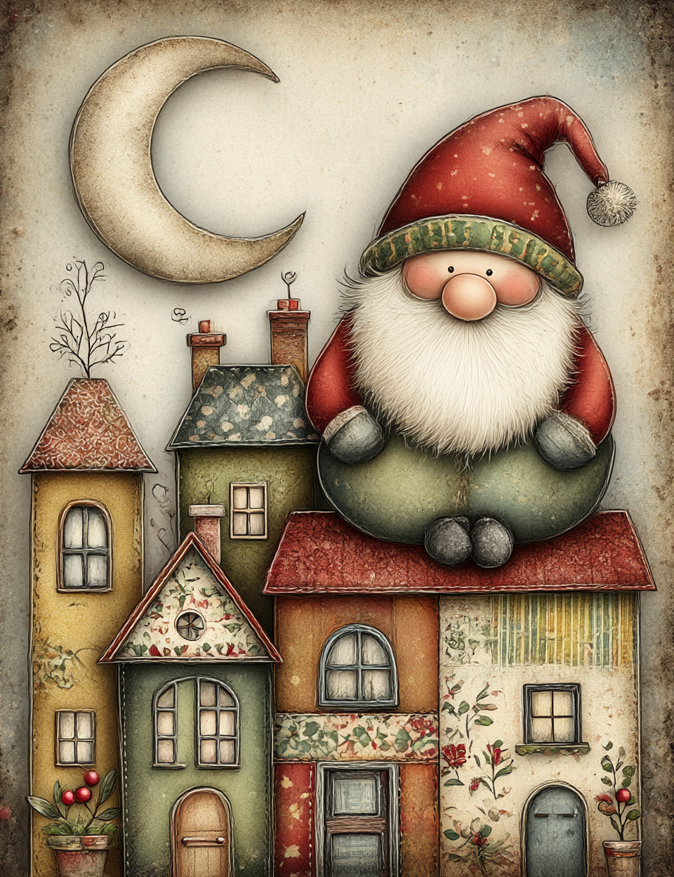 Illustration of a gnome sitting on a house with a crescent moon in the background
