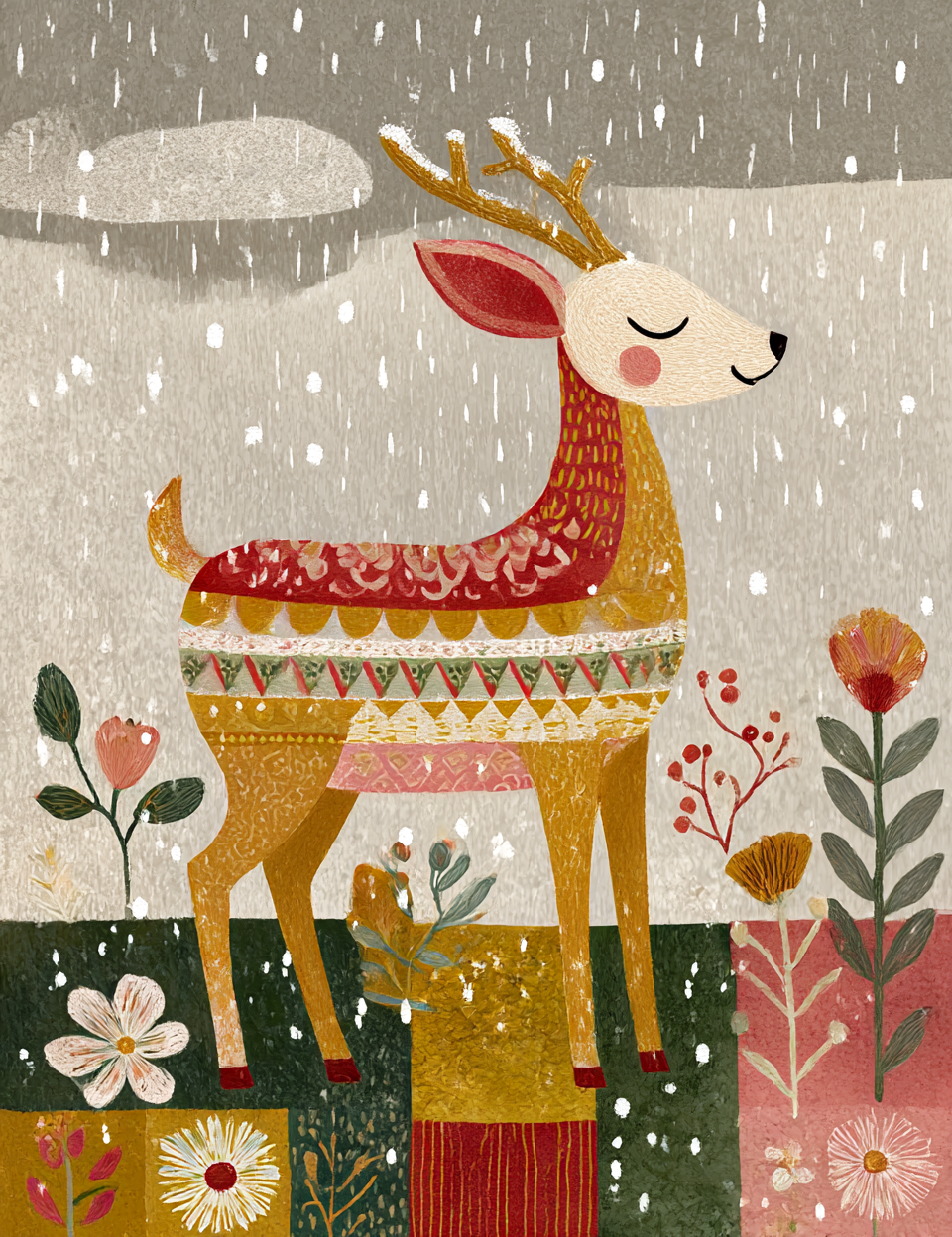 Illustration of a deer with a patterned sweater in a snowy landscape with flowers.
