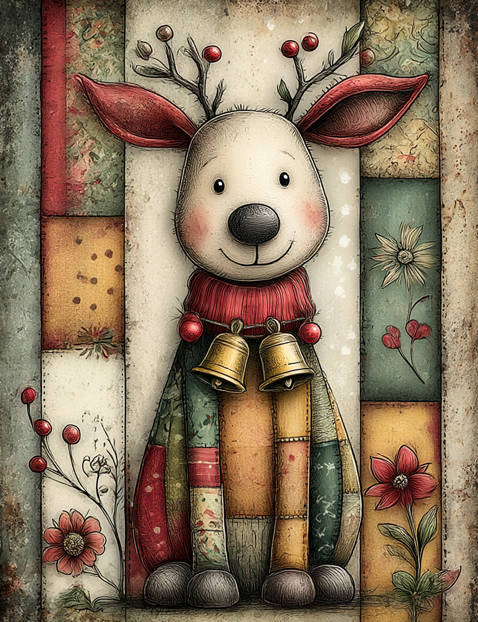 Illustration of a cute, cartoonish dog with bells on a patchwork background