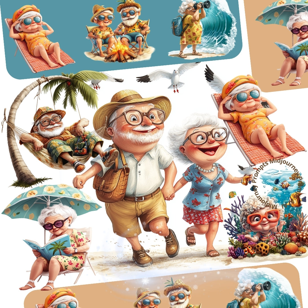 Midjourney Prompts for Old Ladies Beach Clipart Summer Grandpas