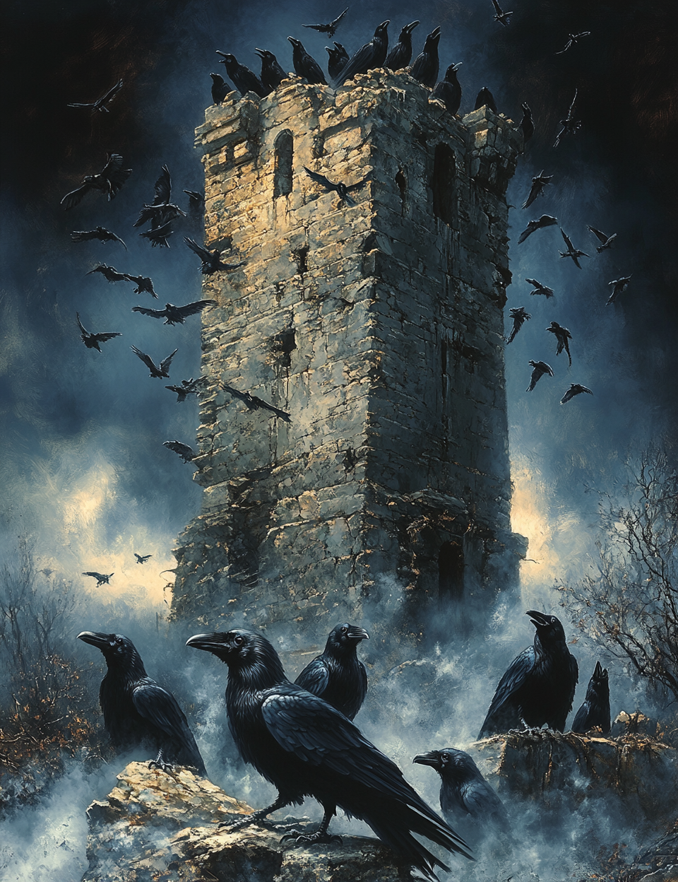 Dark tower with crows flying around it and on top, set against a misty night sky.