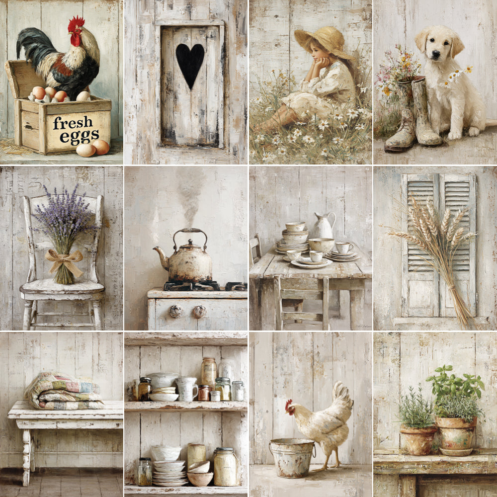 Collage of rustic and vintage-themed images including a rooster, heart frame, girl with flowers, dog, lavender, teapot, and kitchen shelves.