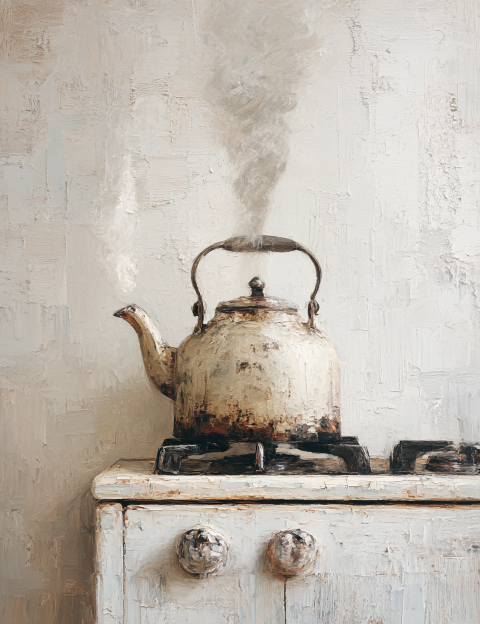 Vintage white teapot with steam on a rustic stove against a textured wall.