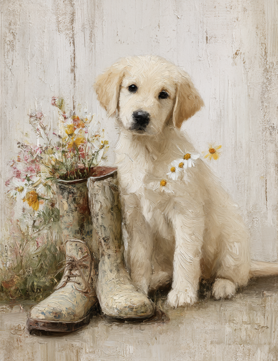 Puppy sitting next to a pair of boots with flowers on a wooden floor
