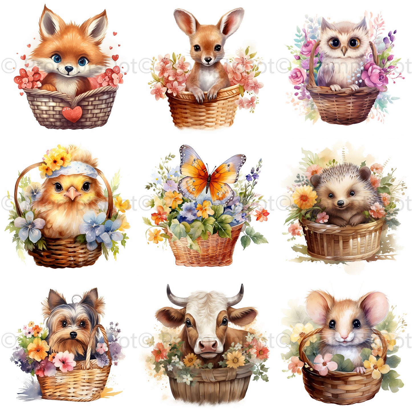 Floral Basket Animals Watercolor Clipart Midjourney Prompt Commercial Use