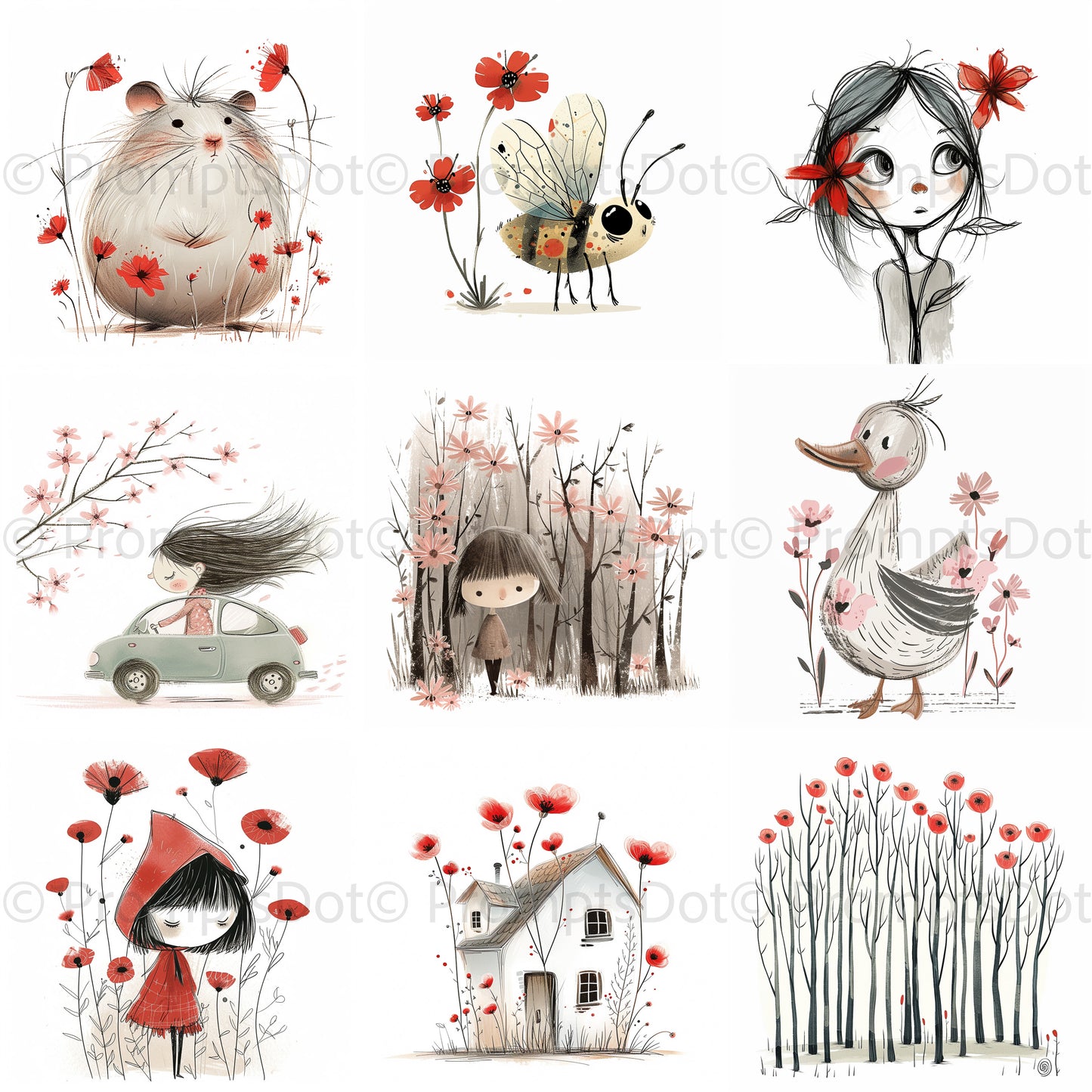 Midjourney Prompt for Floral Whimsical Simple Illustrations