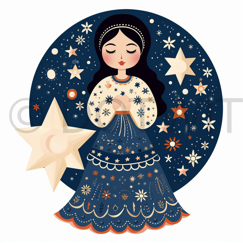 a beautiful woman in the night Folk Art Illustrations Hispanic Digital Clipart and Midjourney Prompt Commercial Use