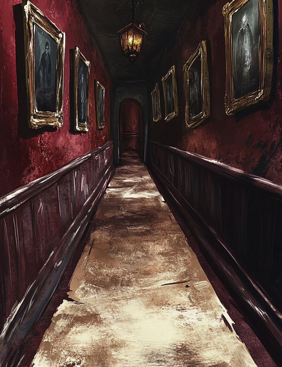 Long, dimly lit hallway with ornate paintings on red walls