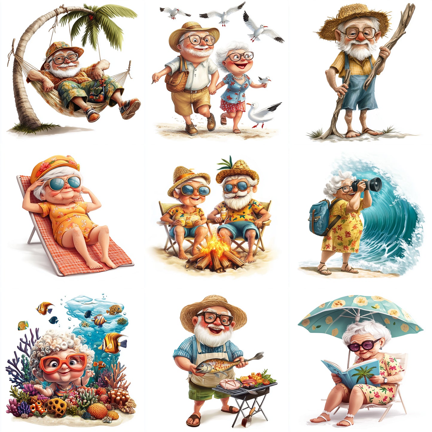 Midjourney Prompts for Old Ladies Beach Clipart Summer Grandpas