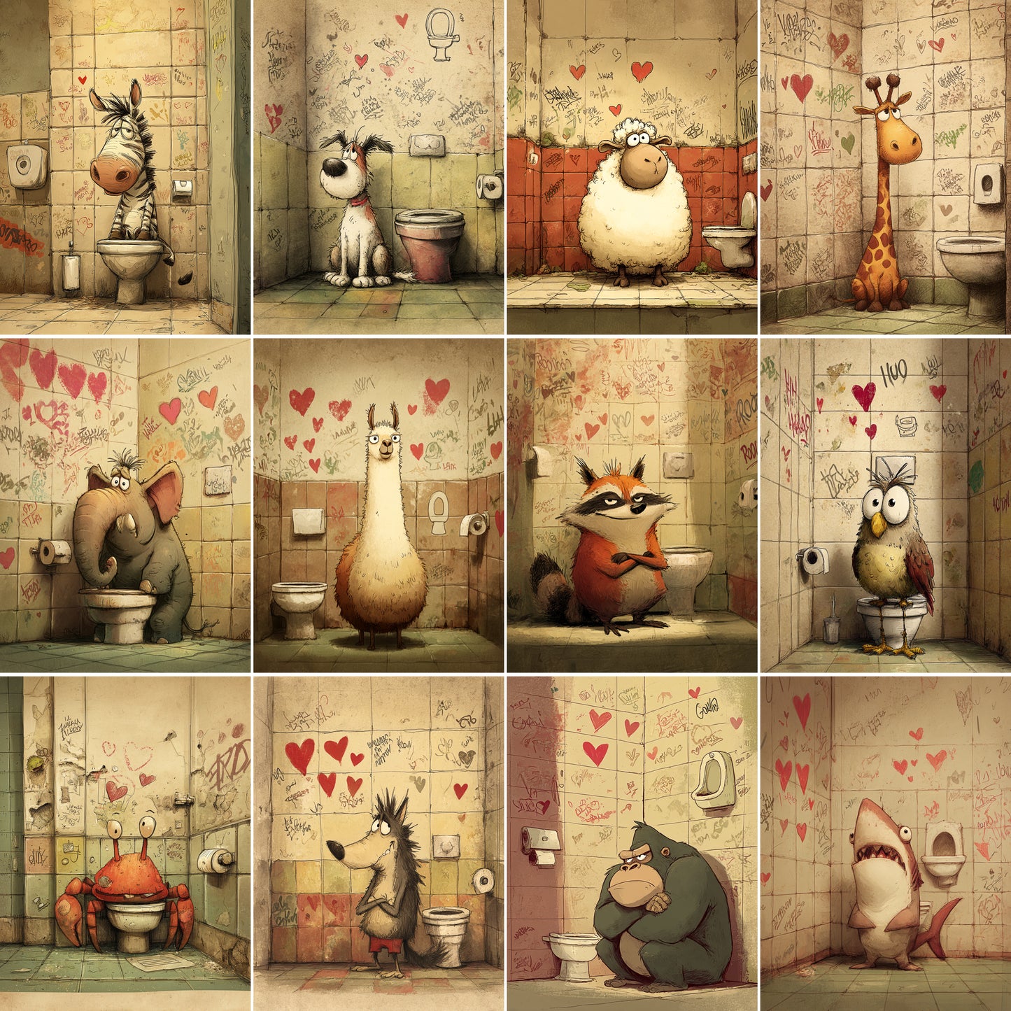 Midjourney V7 Prompts for Funny Satirical Cute Animals in Toilet