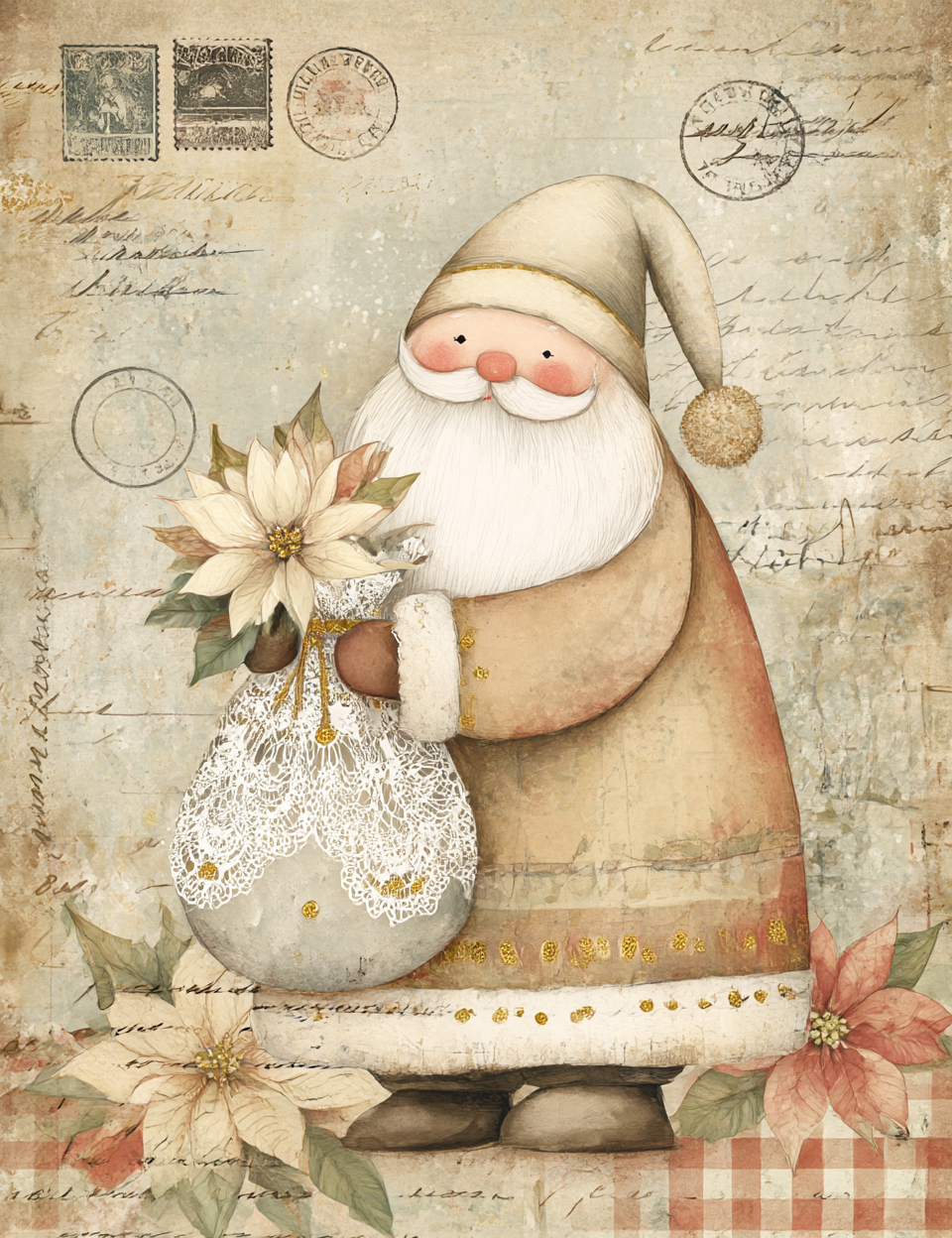 Vintage-style illustration of Santa Claus holding a poinsettia plant on a textured background.