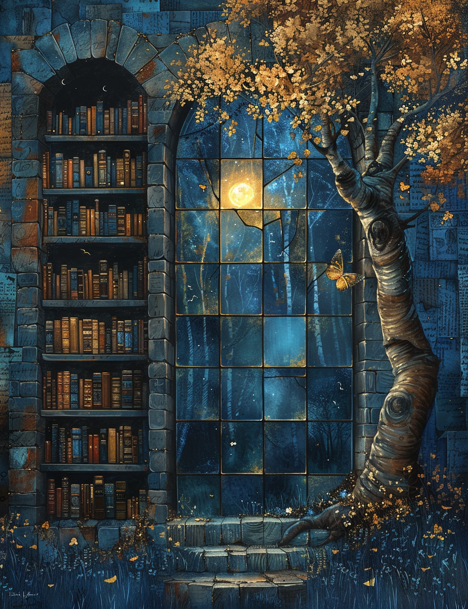 gothic library with a tree and books