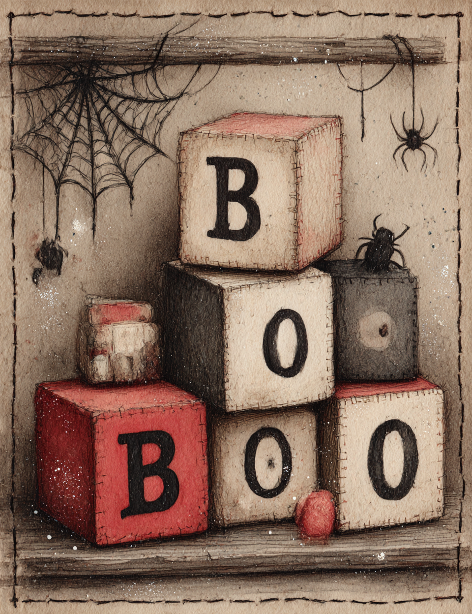 Stack of Halloween-themed baby blocks spelling 'BOO' with spider decorations.