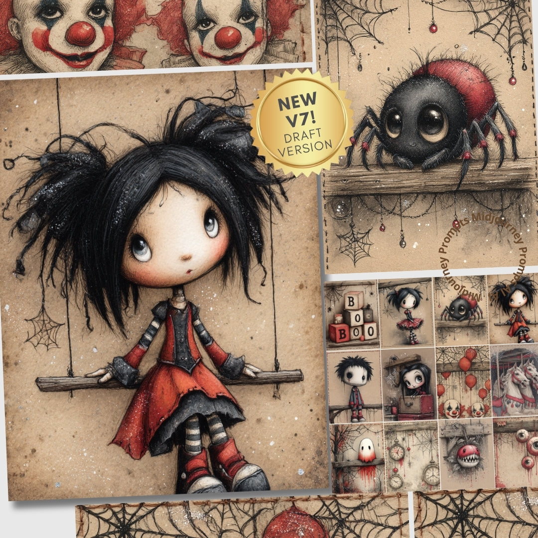 Illustration of a girl with black hair and red dress on a textured background with spider webs and small figures.