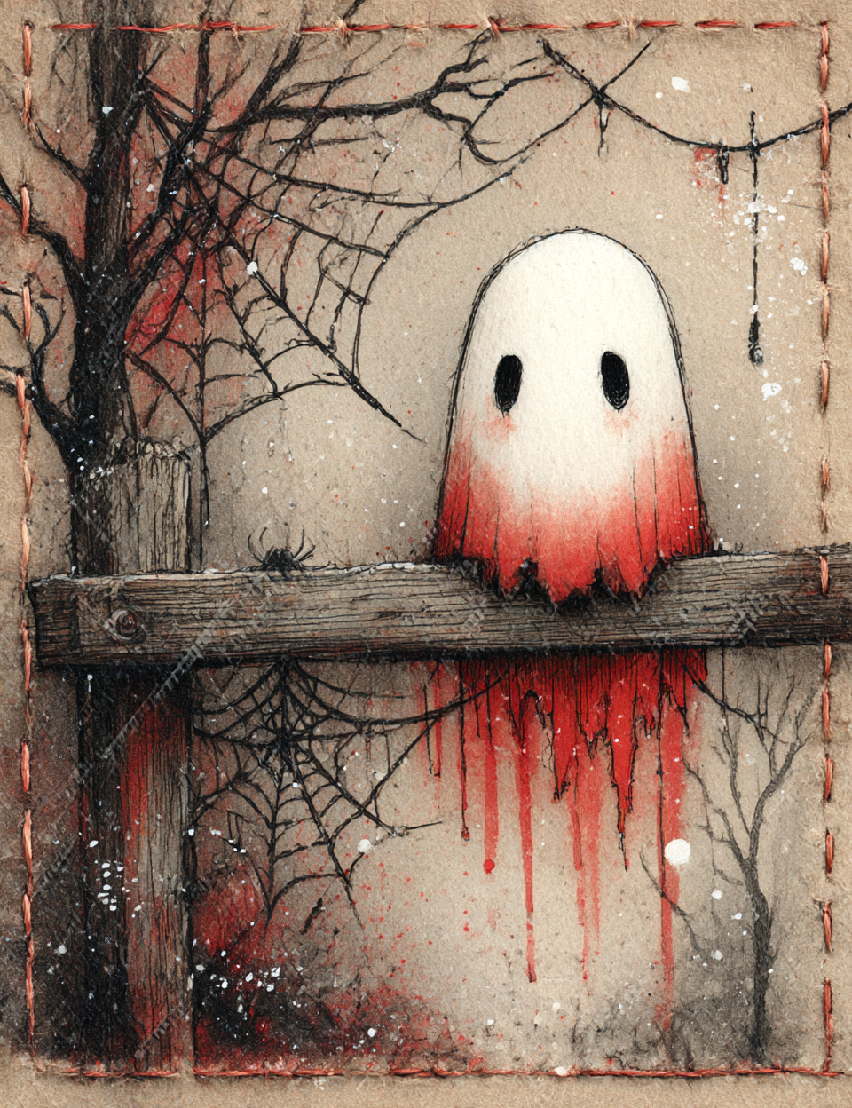 Ghost with red liquid dripping from its mouth on a wooden surface with spider webs and trees in the background.