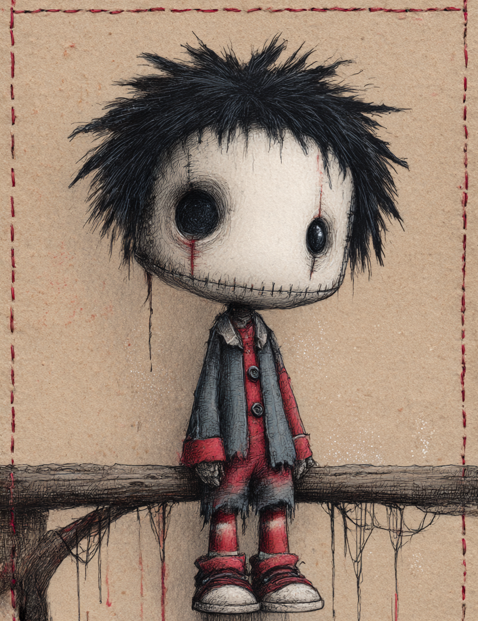 Illustration of a character with black hair and red clothing sitting on a branch against a textured beige background.
